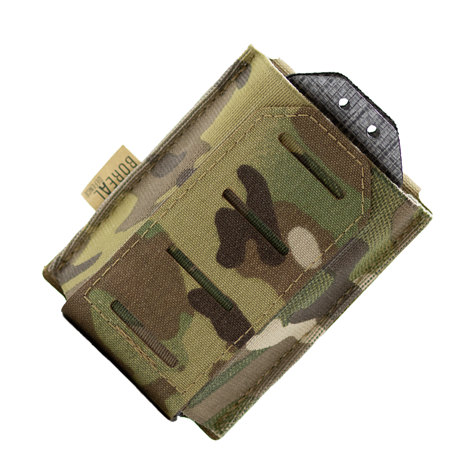 A camouflage pattern .308 magazine pouch designed for holding rifle magazines