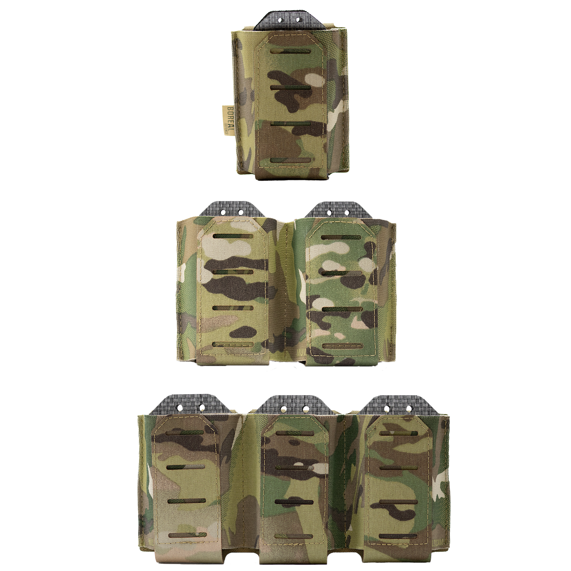 A multicam patterned .308 magazine pouch with visible straps and elastic