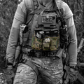 Person wearing tactical gear with a focus on the vest and equipment