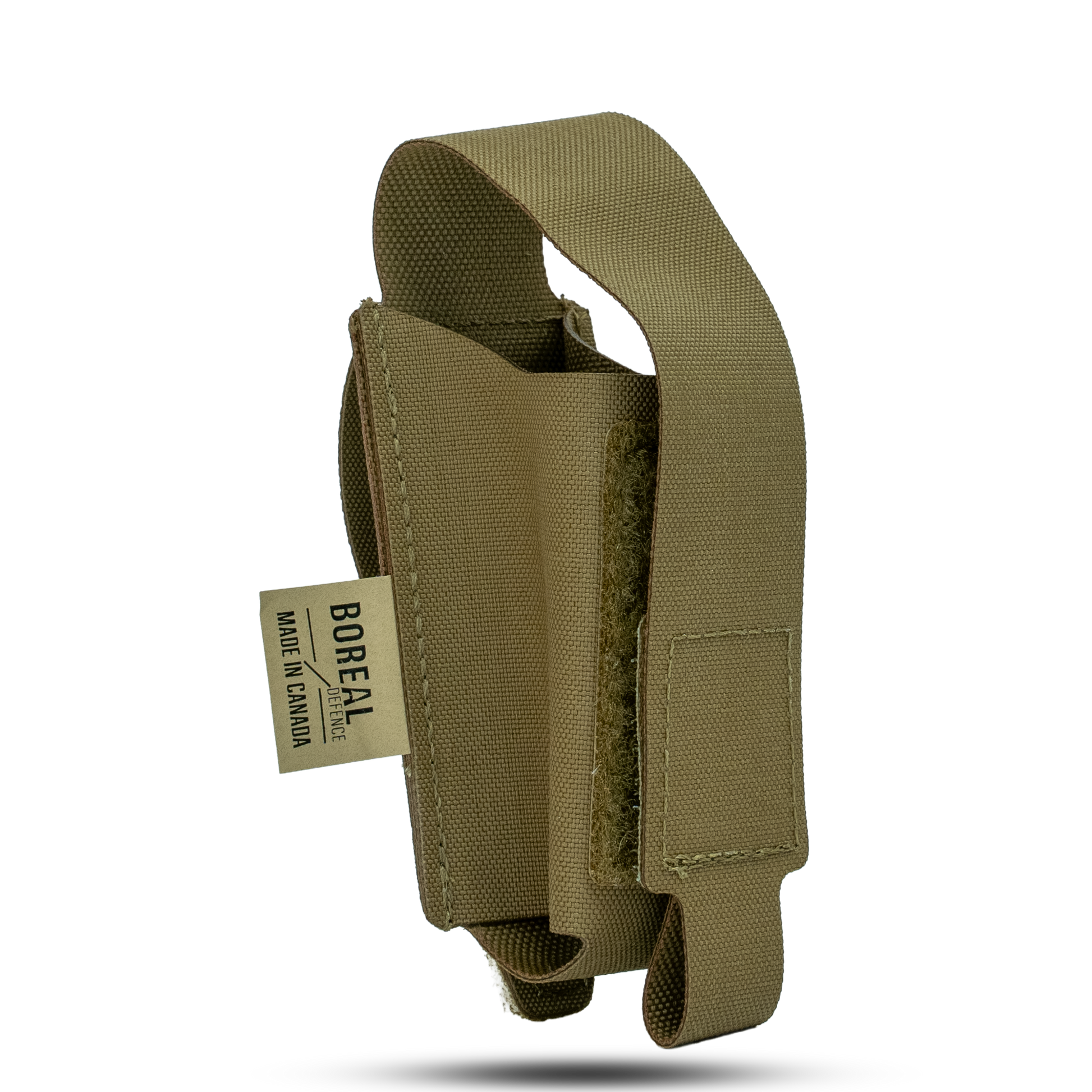 Olive green tactical pouch with a visible brand of Boreal Defence 