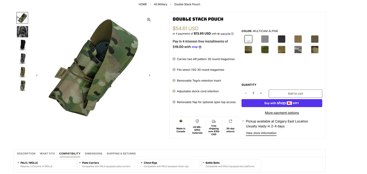 Compatibility information displayed on a Boreal pouch product page