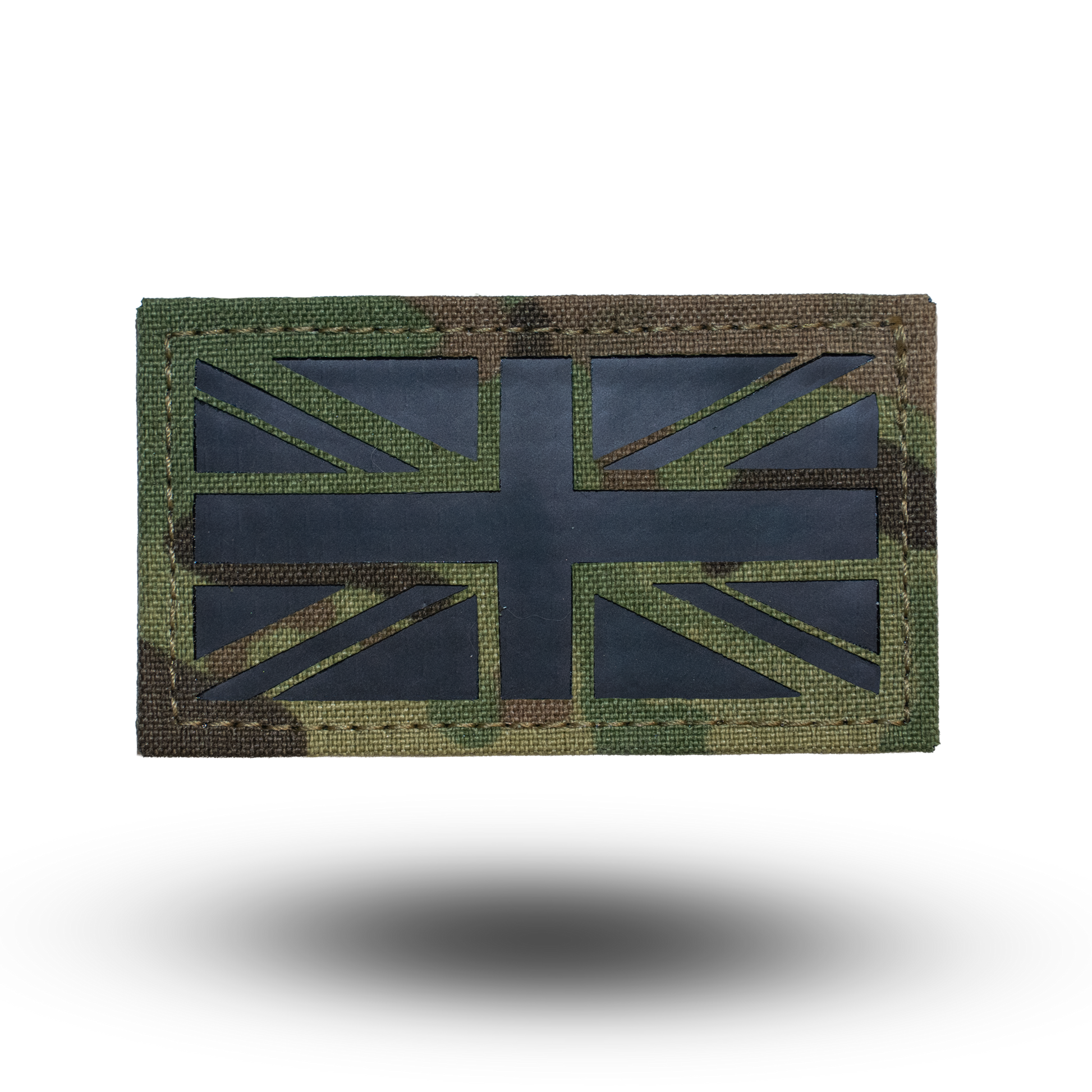 Camouflage Union Jack flag patch on a white background
